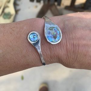Lulli Signed Roman glass 925 sterling bypass bracelet